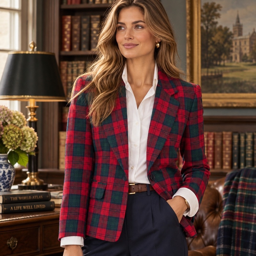 Pendleton Classic Red Green Plaid Virgin Wool Blazer Size 6 Jacket Made in USA